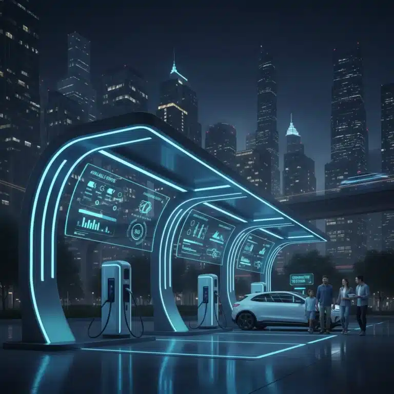 Futuristic EV charging station with multiple ports in a modern city at night, showcasing advanced technology.