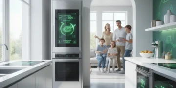 Futuristic kitchen with smart appliances showing energy savings data