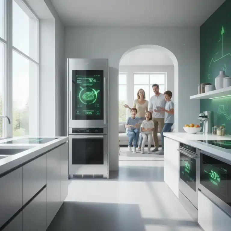 Futuristic kitchen with smart appliances showing energy savings data
