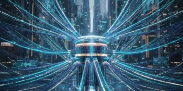 Futuristic network hub with glowing fiber optic cables for high-speed internet optimization