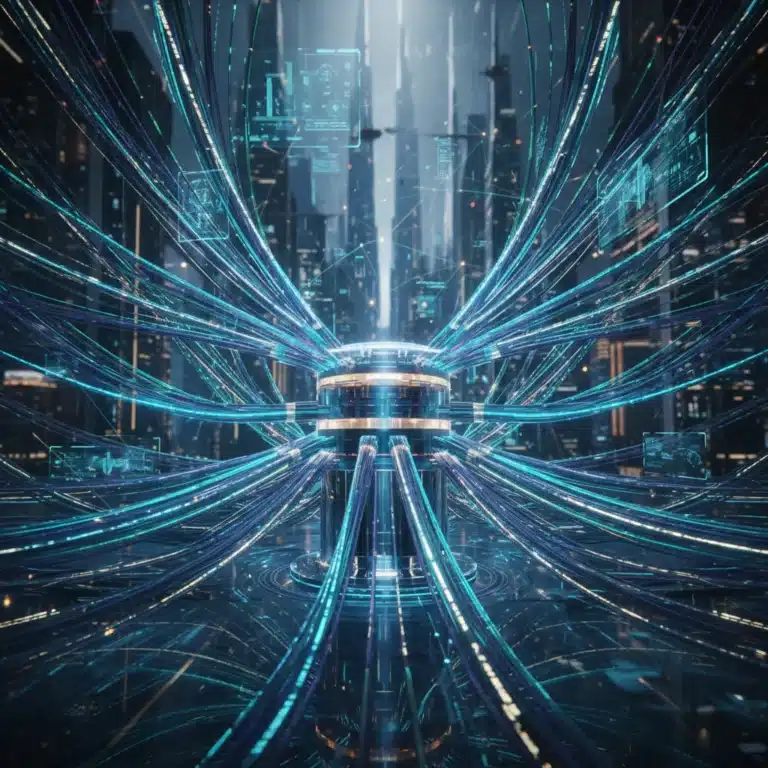Futuristic network hub with glowing fiber optic cables for high-speed internet optimization
