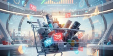 Futuristic shopping cart with data visualizing consumer insights for 2026 savings.