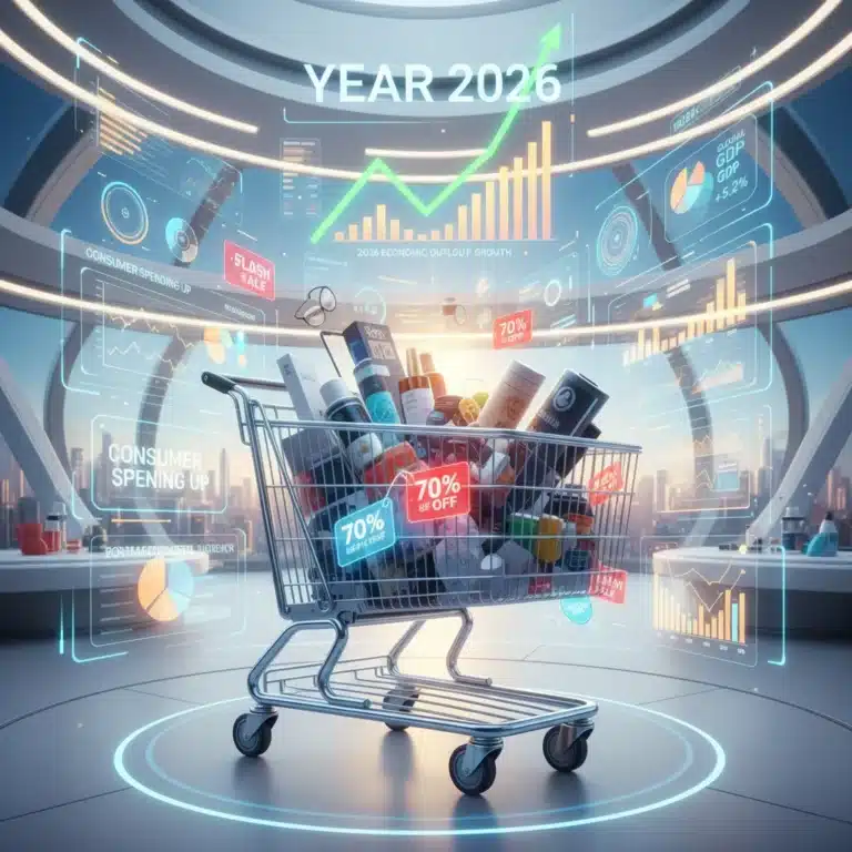 Futuristic shopping cart with data visualizing consumer insights for 2026 savings.