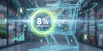 Optimize Spending 2026: Cut Unnecessary Costs by 8% Futuristic shopping cart with 8% savings icon, symbolizing optimized spending for 2026.