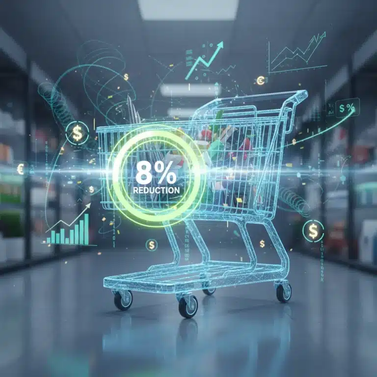 Futuristic shopping cart with 8% savings icon, symbolizing optimized spending for 2026.