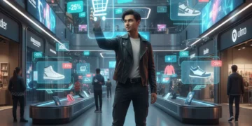 Person using a smartphone with dynamic pricing alerts in a futuristic shopping setting.