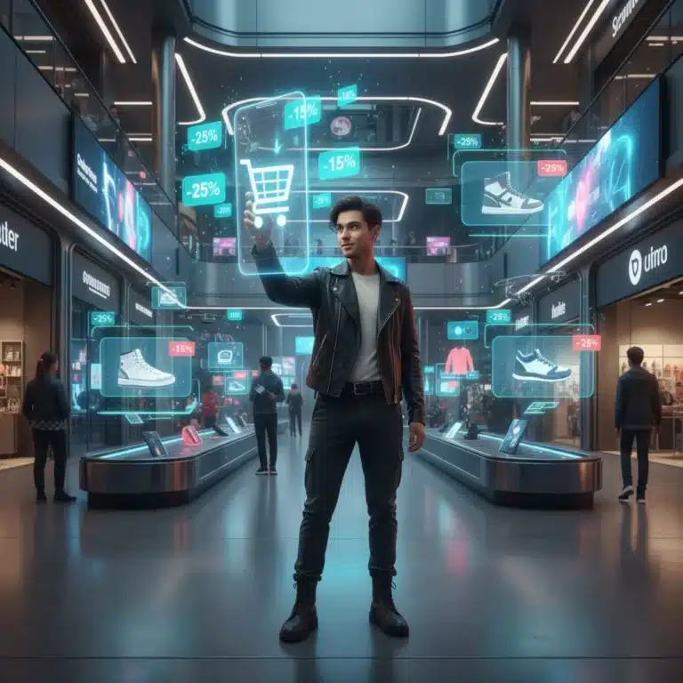 Person using a smartphone with dynamic pricing alerts in a futuristic shopping setting.