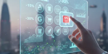 Futuristic interface showing smart buying tools and 5% savings, with digital graphs and shopping cart icons.