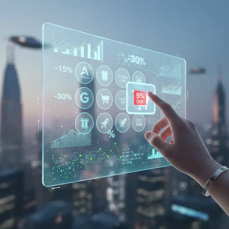 Futuristic interface showing smart buying tools and 5% savings, with digital graphs and shopping cart icons.