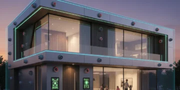 Futuristic smart home with integrated security devices and glowing sensors, representing advanced home protection.