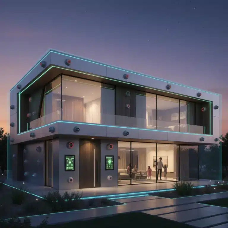Futuristic smart home with integrated security devices and glowing sensors, representing advanced home protection.