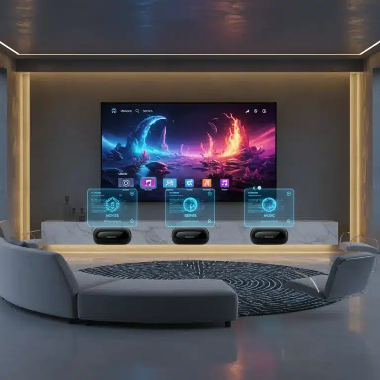 Futuristic living room with advanced streaming devices and large smart TV