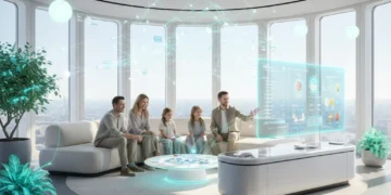Family interacting with smart home devices via voice assistant in a futuristic living room