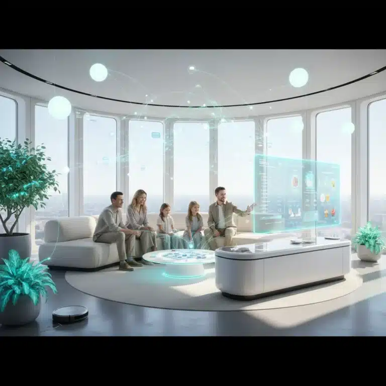 Family interacting with smart home devices via voice assistant in a futuristic living room