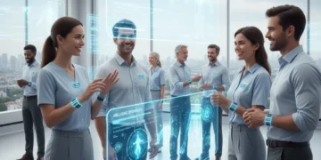 Top Wearable Health Tech: 4 Devices to Watch in Early 2026 Futuristic individuals interacting with advanced wearable health technology devices