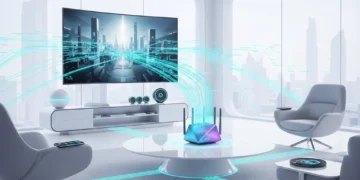 Futuristic living room with Wi-Fi 7 router connecting smart devices
