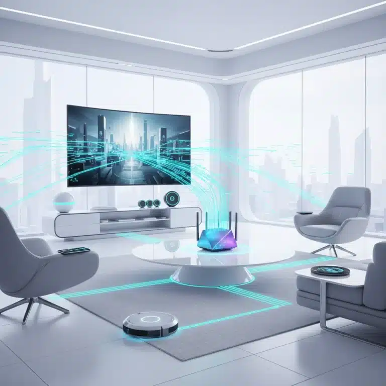 Futuristic living room with Wi-Fi 7 router connecting smart devices