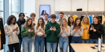 Gen Z Shopping Habits 2026: 3 Key Shifts for US Retailers Gen Z shoppers interacting with digital content in a modern retail setting