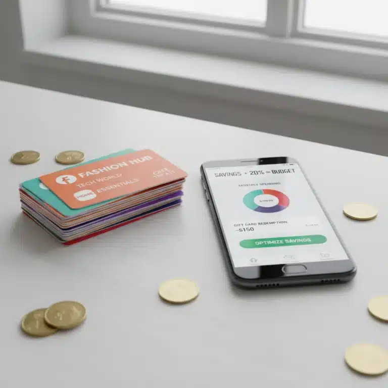 Stack of gift cards, calculator, and smartphone on a desk, representing gift card arbitrage.