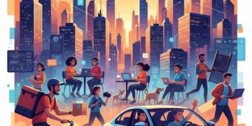 Gig economy workers and consumers interacting in a modern urban environment, symbolizing economic shifts.