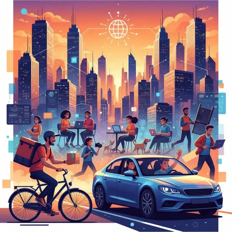 Gig economy workers and consumers interacting in a modern urban environment, symbolizing economic shifts.