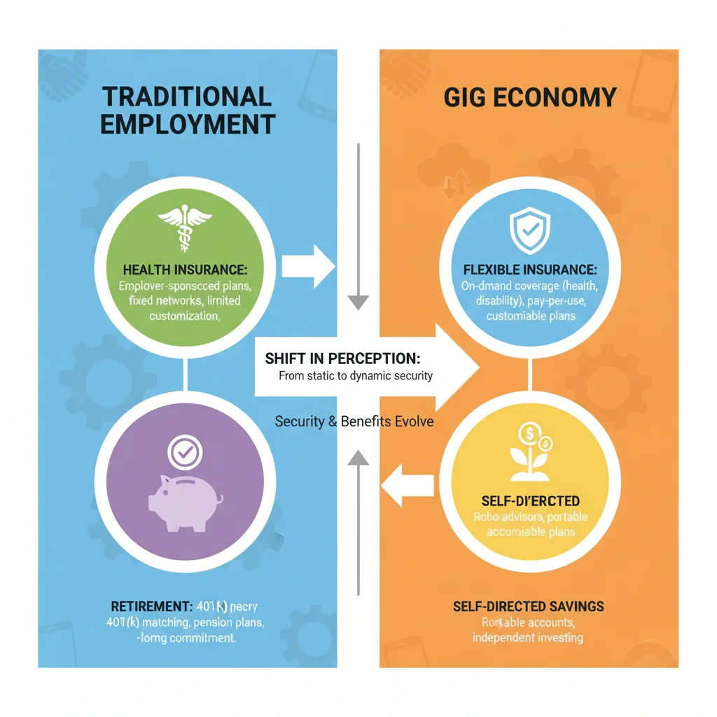 Comparison of traditional employment benefits versus gig worker on-demand services for economic security.