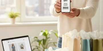 Happy shopper finding a 10% off code on their phone