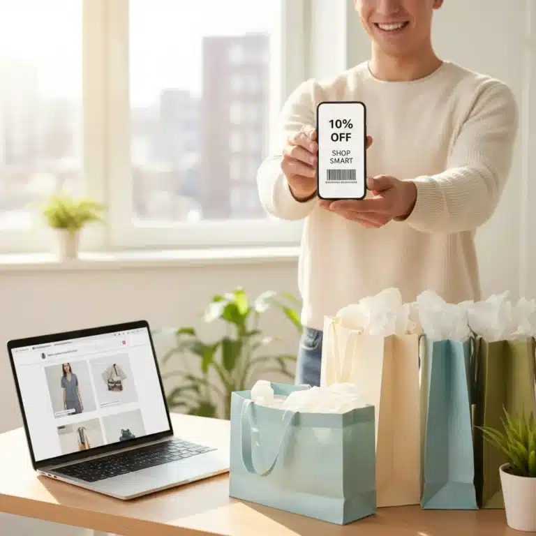 Happy shopper finding a 10% off code on their phone