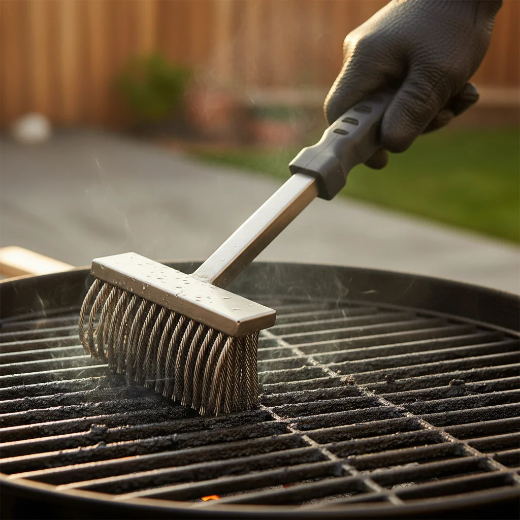 Durable grill brush cleaning hot stainless steel grates after grilling