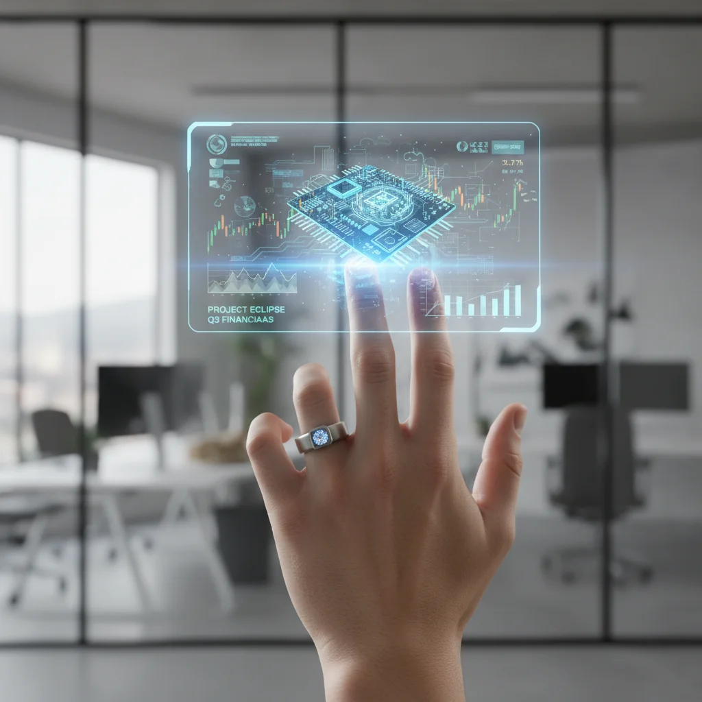Hand interacting with a holographic augmented reality interface, showcasing professional data visualization.