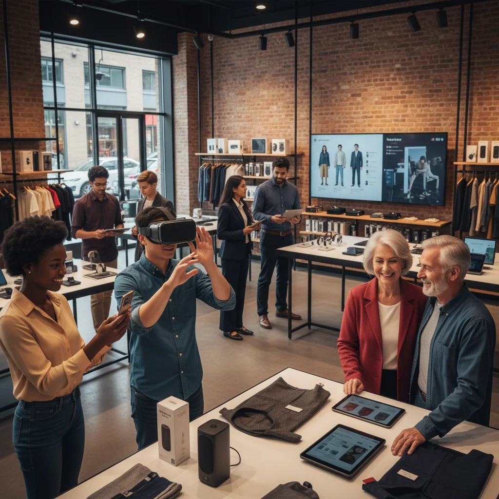 Hybrid retail environment with consumers interacting with digital and physical products