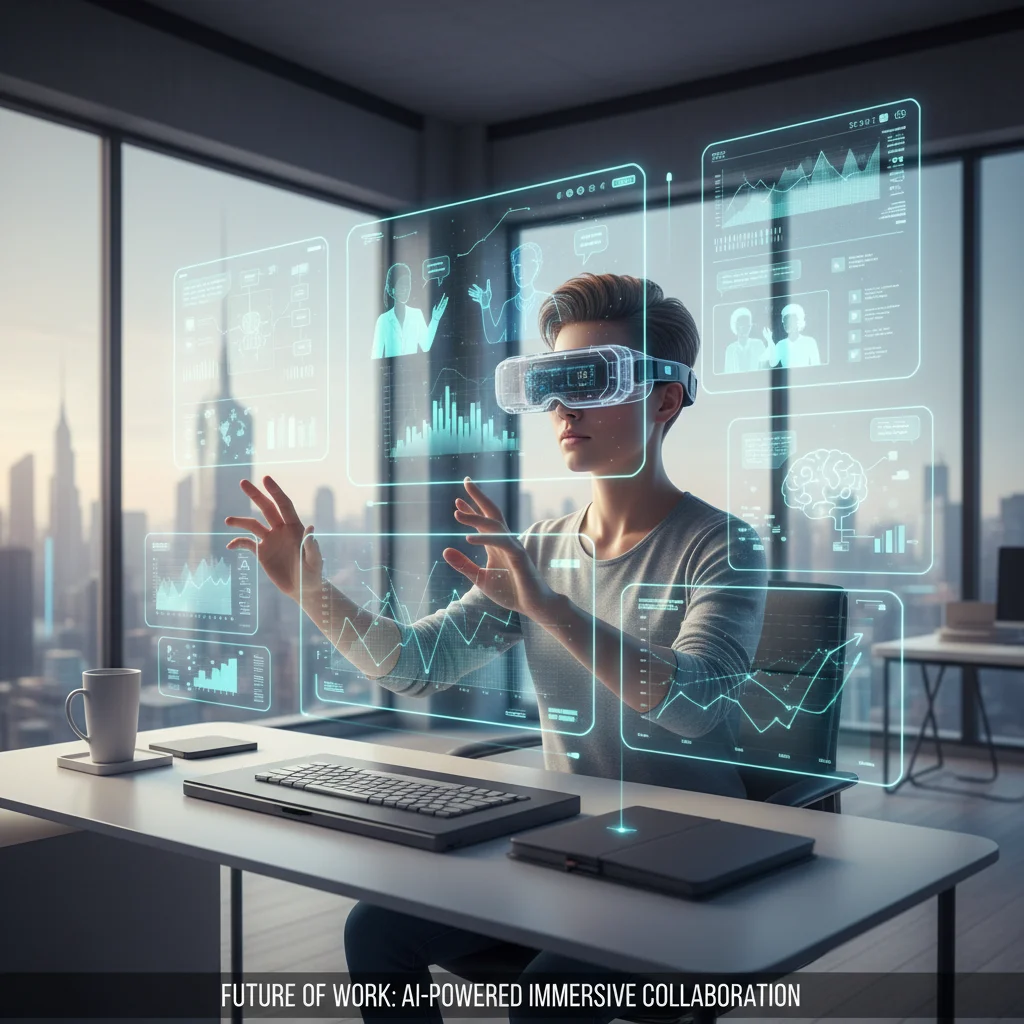 Individual using VR/AR for AI-powered virtual collaboration and data visualization in a future workspace.