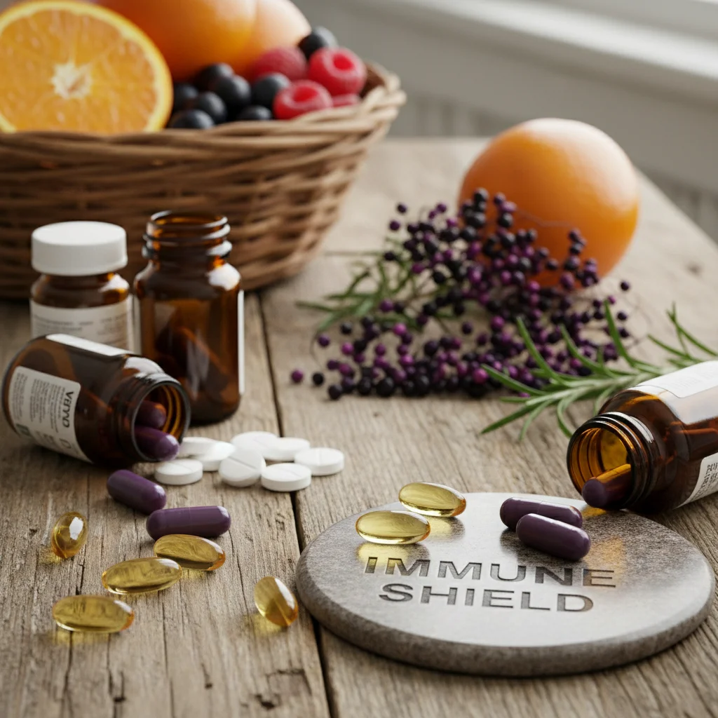 Assortment of immune-boosting supplements and fresh fruits