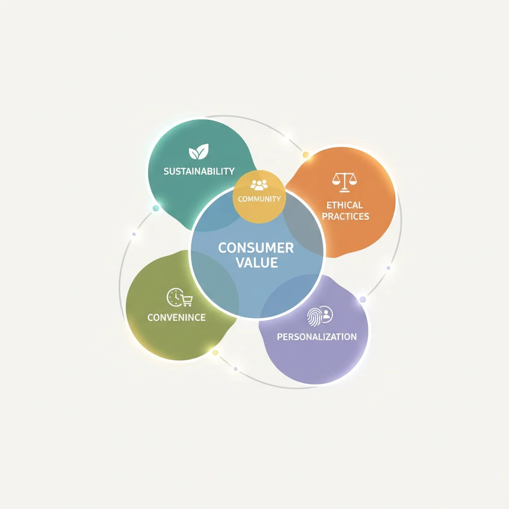 Infographic illustrating interconnected aspects of modern consumer value: ethics, personalization, sustainability, convenience.
