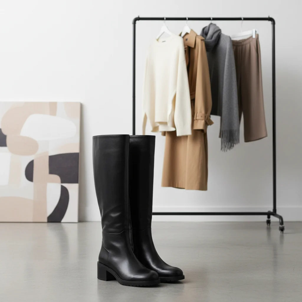 Sleek black knee-high leather boots with block heel, essential footwear for Fall Fashion 2026