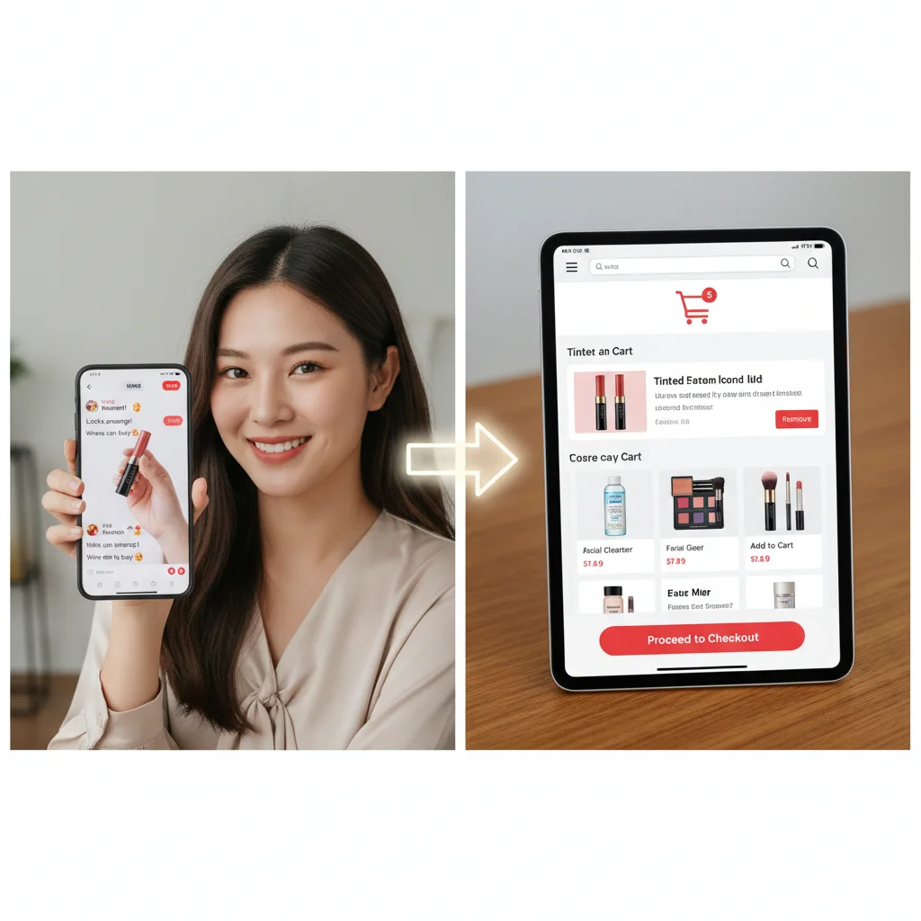 Live shopping experience demonstrating product interaction and direct purchase.