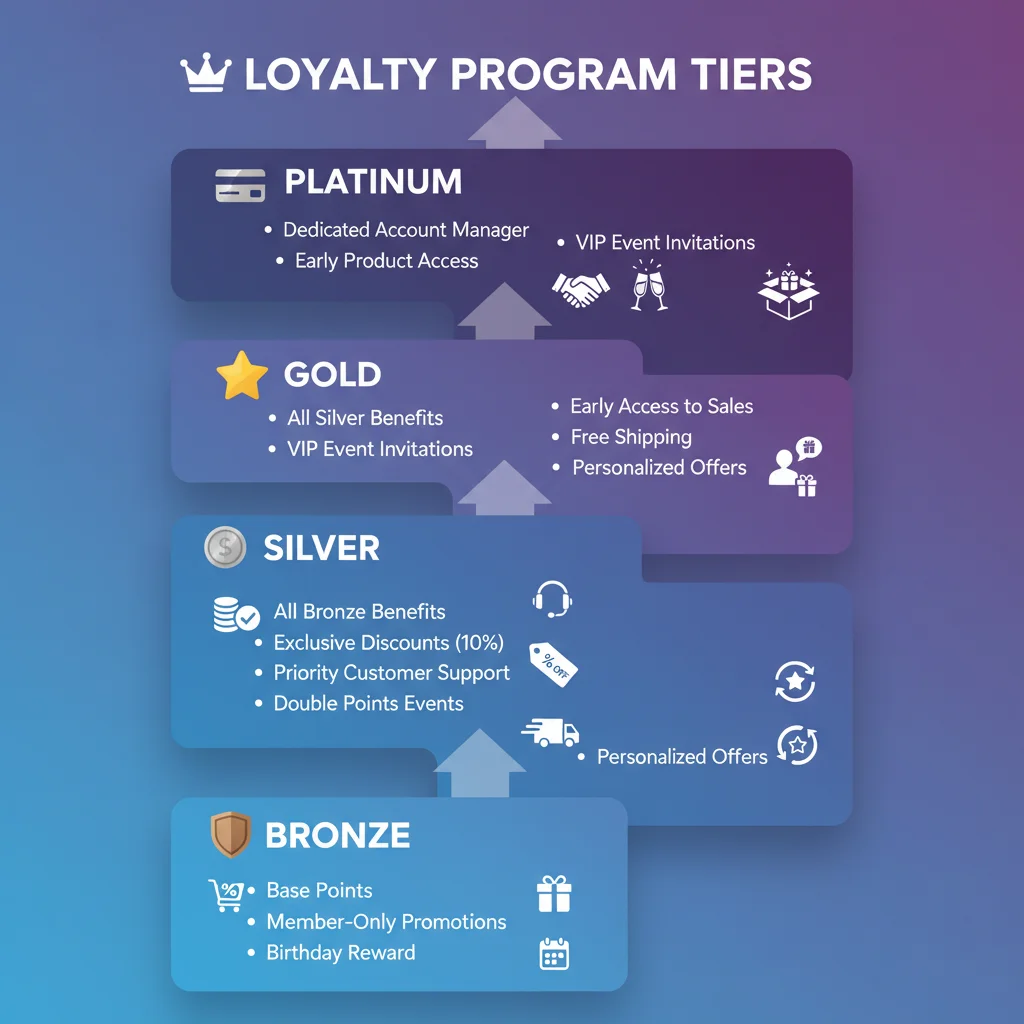 Infographic detailing loyalty program tiers and their increasing benefits for consumers.