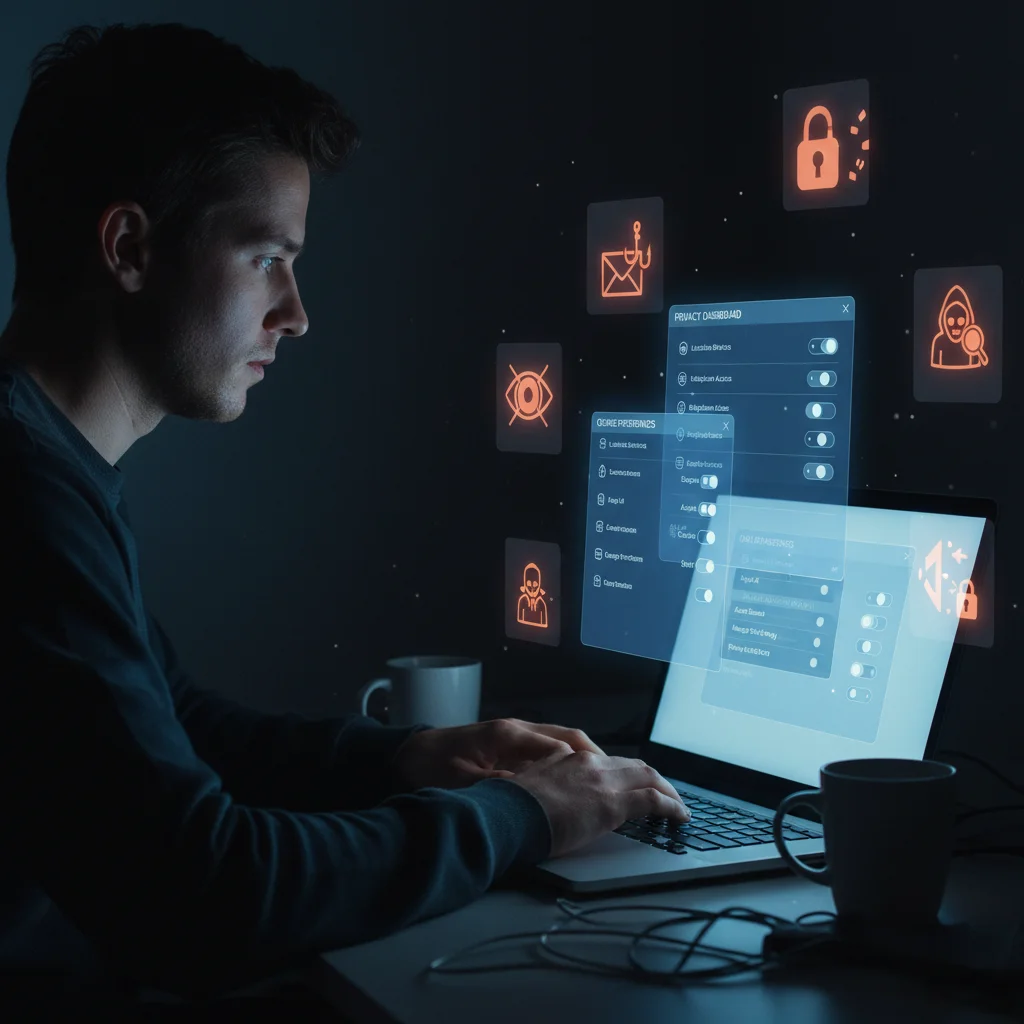 User managing privacy settings on laptop with cybersecurity icons