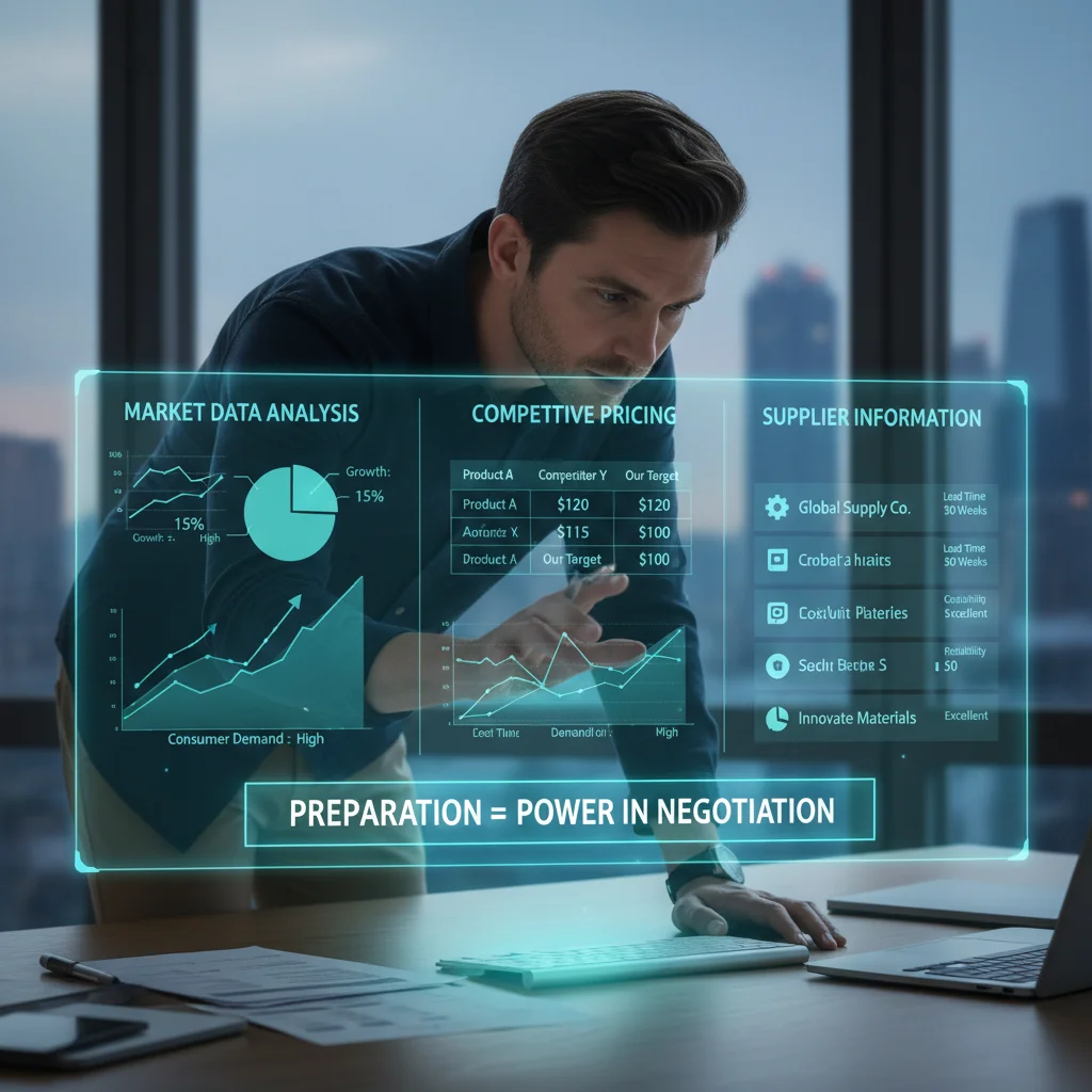 Individual researching market data and competitive pricing on a holographic display.