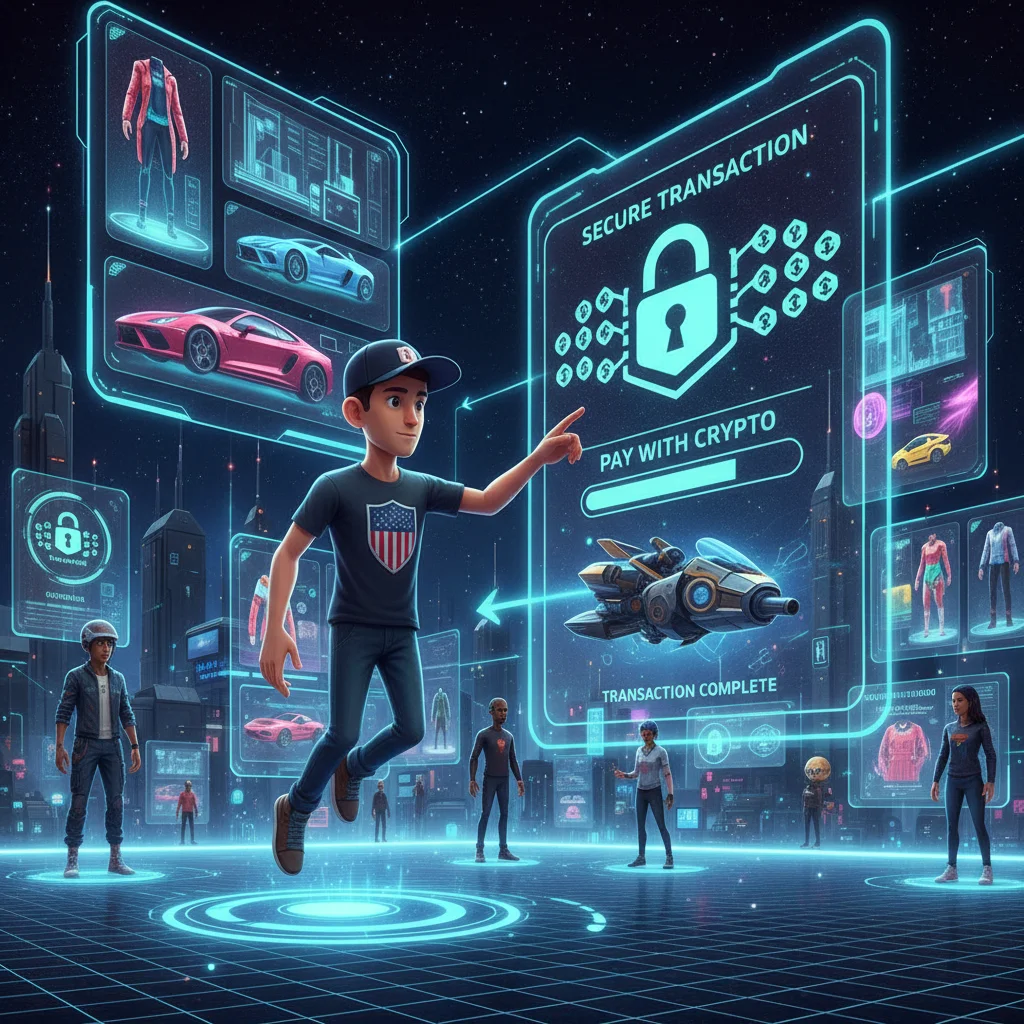 Digital marketplace in the metaverse with US consumer avatar browsing virtual goods.