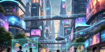 Metaverse for US Consumers: What to Expect by Mid-2026 Futuristic digital city with US consumers experiencing the metaverse.
