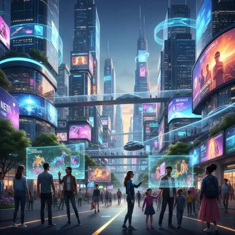 Futuristic digital city with US consumers experiencing the metaverse.