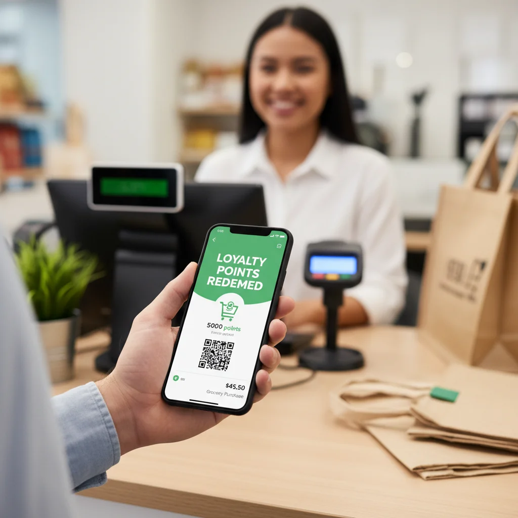 Customer redeeming loyalty points via a mobile app at a retail checkout, demonstrating digital convenience.
