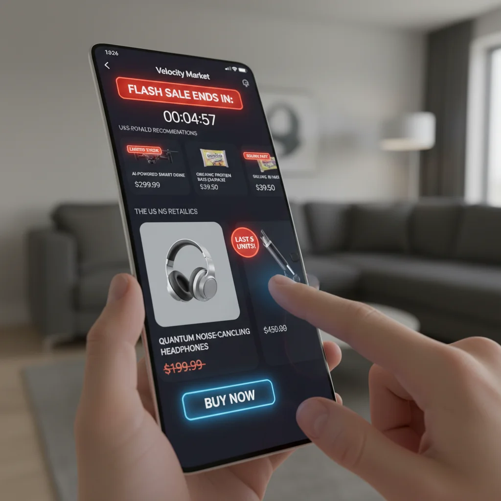 Mobile shopping app with countdown timer and limited stock notification