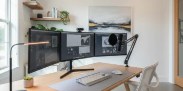Modern home office setup with advanced tech for productivity