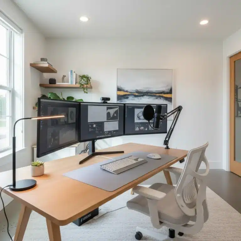 Modern home office setup with advanced tech for productivity