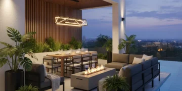 Modern patio with smart lighting, fire pit, and comfortable seating for outdoor living.
