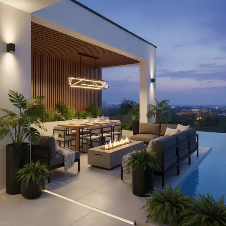 Modern patio with smart lighting, fire pit, and comfortable seating for outdoor living.