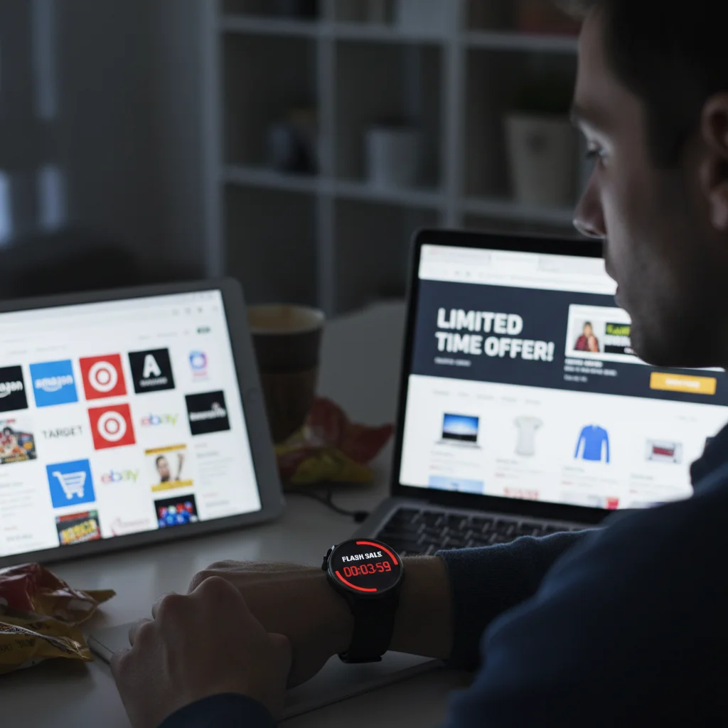 Person monitoring a flash sale countdown on a smartwatch with multiple devices.