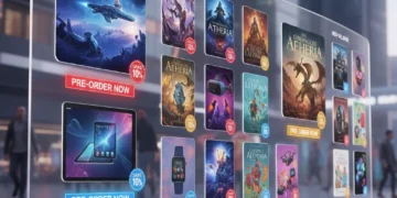 Digital storefront showing new release pre-order products with 10% discount banners.